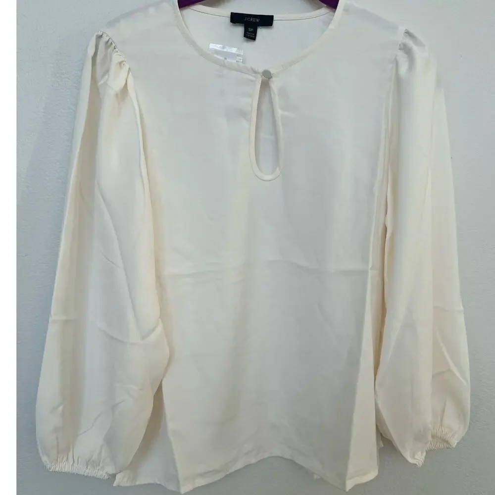 J. Crew Puff Sleeve Keyhole Neck Crepe Blouse Top Cream Off White XS Petite NWT